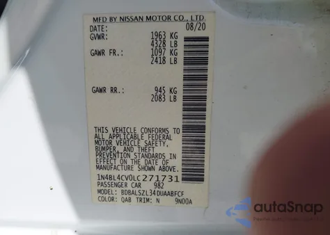 2020 Nissan Altima Sr Fwd from USA, damaged, VIN 1N4BL4CV0LC271731